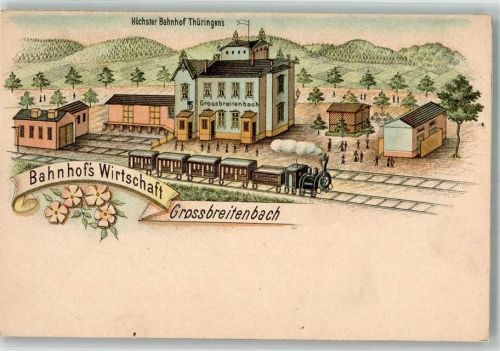 Großbreitenbach Lithographie Bahnof Grossbreitenbach Reißnagellöcher