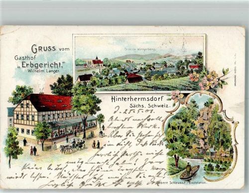 01855 O8361 Hinterhermsdorf 1901 Gebrauchsspuren Lithographie Gasthaus Erbgericht Obere Schleuse Bootstation