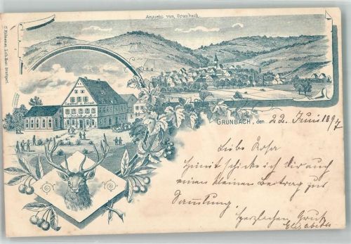 73630 W7064 Grunbach , Rems 1897 Lithographie Vorläufer Druck um 1890 Gasthaus zum Hirsch Hirschgeweih