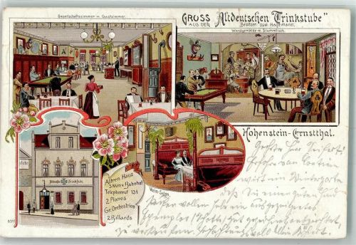 Hohenstein-Ernstthal 1905 Lithographie Gasthaus Altdeutsche Trinkstube Gesellschaftszimmer Billardtisch Wein-Salon Stammtisch