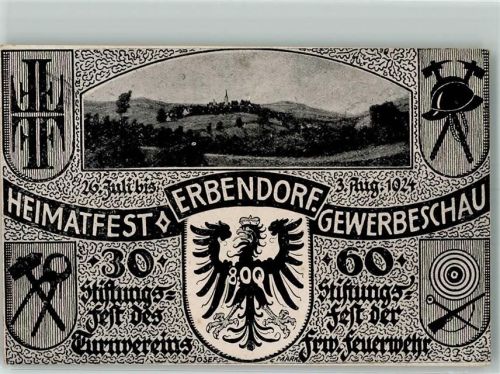 92681 W8488 Erbendorf Mini AK Heimatfest Erbendorf 1924 Gewerbeschau Stiftungsfest der Feuerwehr und des Turnvereins Wappen signiert