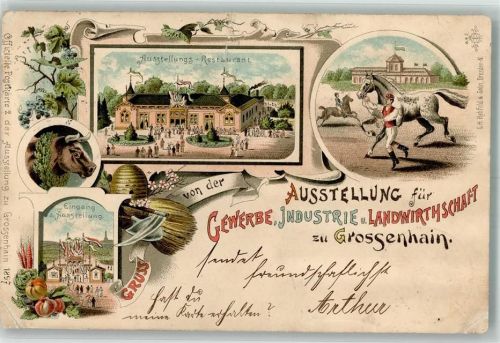 01558 O8280 Großenhain , Sachs 1898 Gebrauchsspuren Lithographie Gewerbe, Industrie und Landwirtschaft-Ausstellung Ausstellungs-Gasthaus Bulle Reiter Einriß
