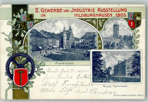 Hildburghausen 1905 2. Gewerbe- und Industrie Ausstellung 1905 Marktplatz Bismarckturm Neues Technikum Wappen