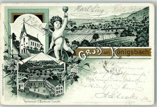 67433 W6730 Königsbach an der Weinstraße 1902 Lithographie Putto Weinrömer Kirche Gasthaus Bernauer