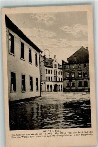 Weida Hochwasser der Weida Aug. 1924 Stegstraße Konsum-Vereinsgebäude