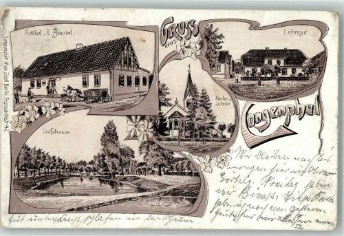 Langenpfuhl 1911 Lithographie Langenphul Gasthaus Brunzel Lehngut Dorfteich