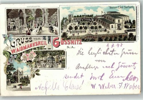 04639 O7422 Gößnitz , Thür 1898 Lithographie Gasthaus Waidmannsheil Garten Wintergarten