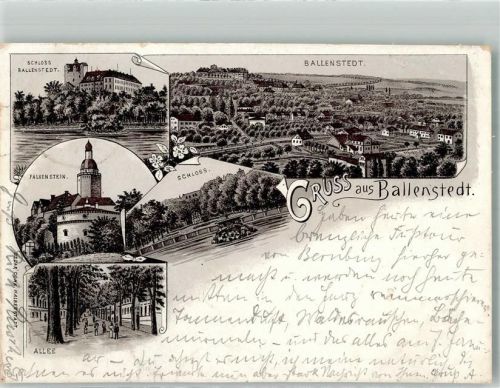 06493 O4303 Ballenstedt 1898 Lithographie Vorläufer Druck um 1890 Schloß Ballenstedt Falkenstein Allee Bahnpost Frose-Quedlinburg Zug 441