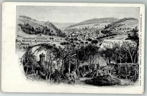 Nazza 1902 Kohlenmeiler Burg Hainek sign. Thomann