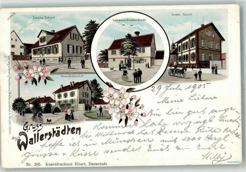 64521 W6080 Wallerstädten 1905 Lithographie Rathaus Friedenslinde Gasthaus Rheinfelderhof Erste und Zweite Schule
