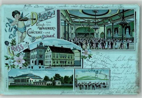 Deuben 1903 Gasthaus Etablissement Wagner Konzert- und Ballsaal Musizierender Putto Schlittschuhbahn