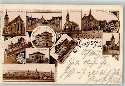Neustadt 1898 Vorläufer Druck um 1890 Kgl. Rentamt Ev. Kirche Wilhelmstraße Nürnberger Tor Kgl. Forstamt
