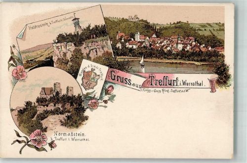 99830 O5908 Treffurt Lithographie Vorläufer Druck um 1890 Stadtwappen Burg Normannstein Heldrastein Aussichtsturm
