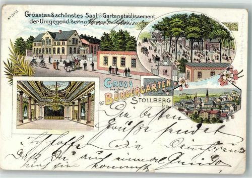 09366 O9150 Stollberg , Erzgeb 1900 Gebrauchsspuren Lithographie Gasthaus Bürgergarten Saal Gartenwirtschaft Bahnpost Leipzig
