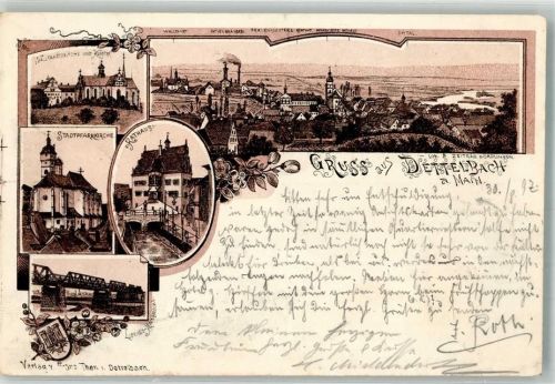 97337 W8716 Dettelbach 1897 Lithographie Vorläufer Druck um 1890 Stadtwapen Stadtkirche Rathaus