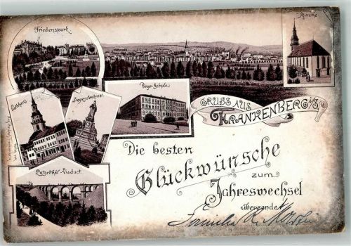 Frankenberg 1894 Vorläufer Druck um 1890 Lütztal-Viadukt Rathaus Siegesdenkmal Bürger-Schule Neujahrskarte