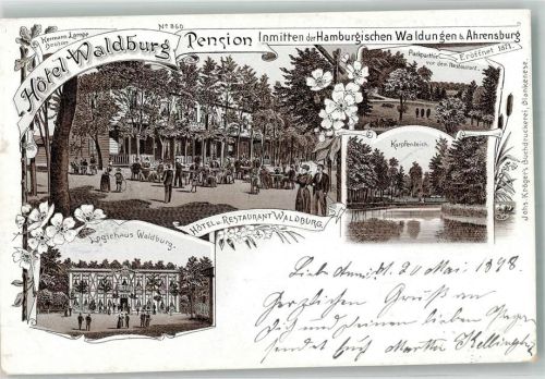 Ahrensburg 1898 Vorläufer Druck um 1890 Hotel-Gasthaus Waldburg Garten Karpfenteich Logierhaus