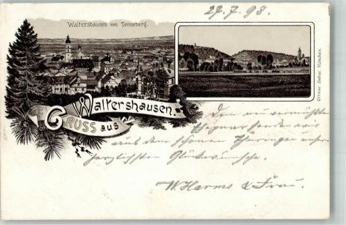 99880 O5812 Waltershausen , Thür 1897 Lithographie Vorläufer Druck um 1890 Vom Tenneberg aus Verlag Ottmar Zieher-München Bahnpost Friedrichroda- Zug 576