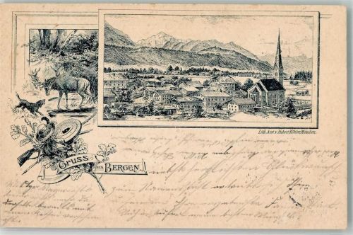 Bergen 1898 Vorläufer Druck um 1890 Jagdhund Hirsch Jagdutensillien Kirche St. Ägidius