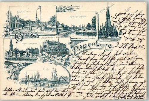 Papenburg 1895 Vorläufer Druck um 1890 Navigations-Schule Deich Hauptkanal Kirche
