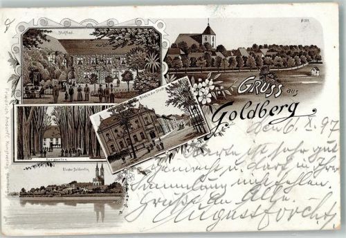 19399 O2862 Goldberg , Meckl 1897 Lithographie Vorläufer Druck um 1890 Kurgarten Kloster Dobbertin Gartenwirtschaft
