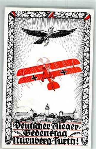 Nürnberg 1924 Deutscher Fliegergedenktag Rotes Doppeldecker roter Baron Flugzeug sign. Emil Stahl Festkarte + SST