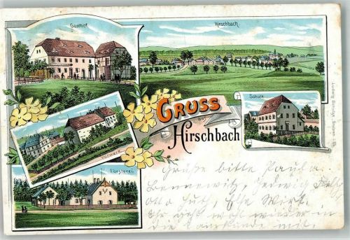 01744 O8230 Dippoldiswalde Lithographie Hirschbach Vorwerk Försterei Gasthaus Schule