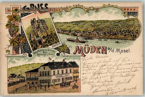 56254 W5401 Müden Mosel 1902 Lithographie Burg Elz Gasthaus zur Linde Bahnpost Metz- Zug 403
