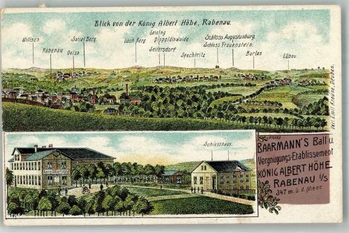 01734 O8222 Rabenau , Sachs 1912 Lithographie Vergnügungs-Etablissement König Albert Höhe Schießhaus Schloss Augustusburg Schloss Frauenstein