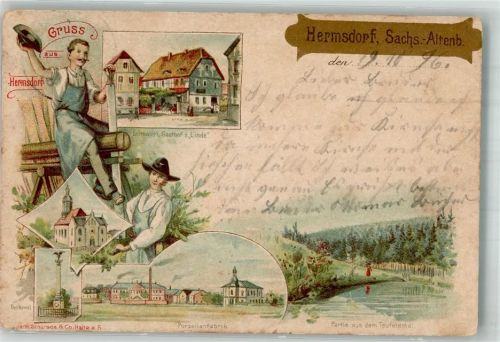 Hermsdorf 1896 Porzellanfabrik Gasthaus zur Linde Denkmal Im Teufelstal