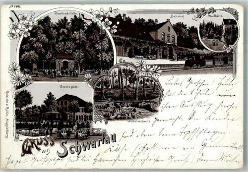 23611 W2407 Bad Schwartau 1899 Lithographie Wilhelmsquelle Hotel Geertz Bahnhof Riesebusch-Halle Bahnpost Kiel Zug 679