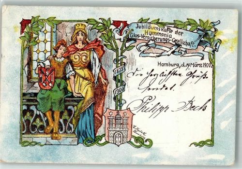 W2000 Hamburg Jubiläumskarte Hammonia Glas-Versicherungs-Gesellsch. Versicherung 1900 Künstlerkarte