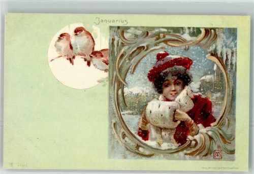 1899 Jugendstil Januar Januarius Frau mit Muff