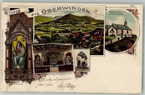 79297 W7809 Oberwinden , Elztal 1906 Lithographie Wallfahrtskirche Hörnleberg Gnadenbild Altaransicht Bahnpost Denzlingen- Zug 1516