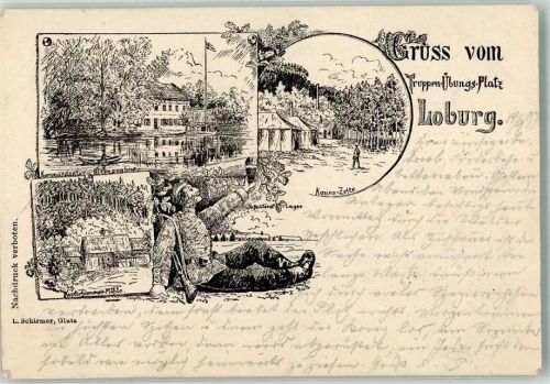 Loburg 1897 Vorläufer Druck um 1890 Truppenübungsplatz Kupferhammer-Mühle Kommandatur Kasino-Zelte Soldat