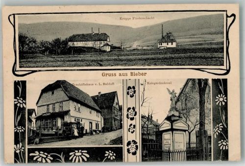 63599 W6465 Bieber , Spessart 1918 - Krupp's Förderschacht Geschäftshaus Balduff Kriegerdenkmal