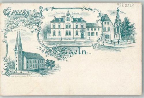 Egeln Vorläufer Druck um 1890 Kais. Postamt St. Spiritus-Kirche Kriegerdenkmal