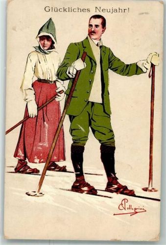 1909 Neujahr Ski laufen Mann und Frau