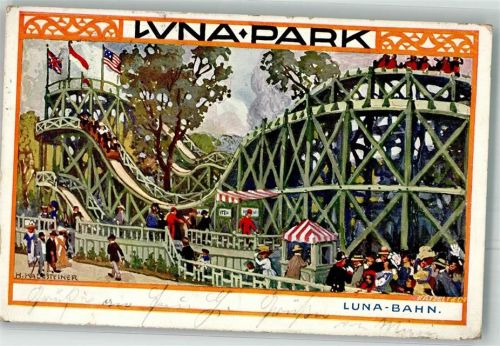Wien 1910 Luna Park Achterbahn sign. Kalmsteiner Jugendstil