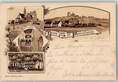 Petersberg 1900 Vorläufer Druck um 1890 Gasthaus Wehde St. Petersbergerger-Kirche