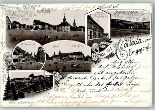 99625 O5234 Kölleda 1901 Lithographie Vorläufer Druck um 1890 Marktplatz Kreishaus Schloß zu Beichlingen Bahnpost