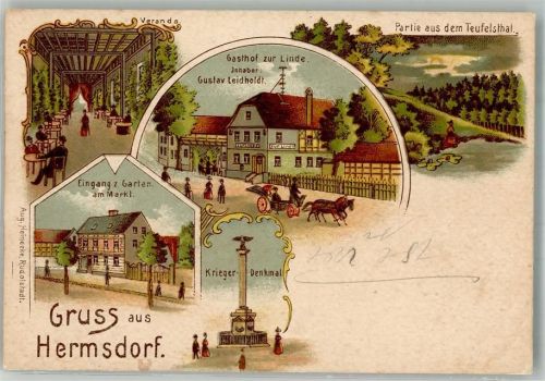 Hermsdorf 1904 Gasthaus zur Linde Veranda Im Teufelstal Kriegerdenkmal