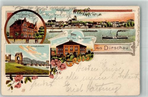 Dirschau 1902 Kaiserin Augusta Victoria Schule Eisenbahnbrücke Lithographie