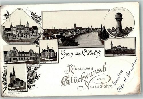 Calbe 1897 Vorläufer Druck um 1890 Wasserturm Bartelshof Ev. Kirche Kais. Postamt Rathaus Neujahreskarte