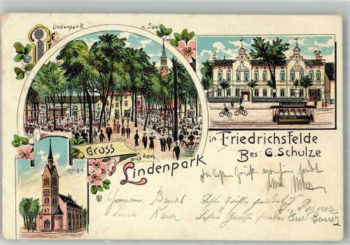 10115 W1000 Friedrichsfelde 1904 Lithographie Gasthaus Etablissement Lindenpark Park Straßenbahn Kirche
