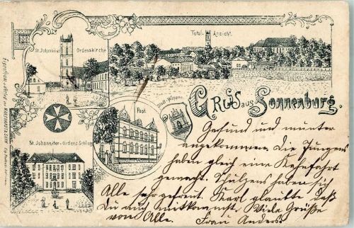 Sonnenburg Slonsk 1898 Gebrauchsspuren Kirche St. Johannis Schloss Postamt Stadtwappen Lithographie