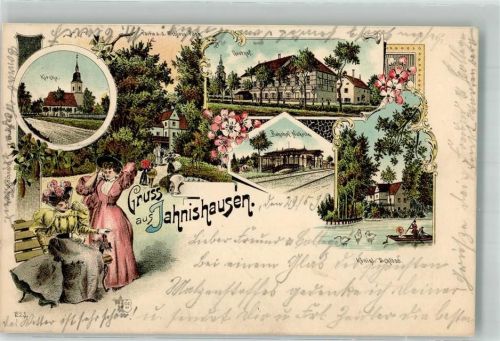 Jahnishausen 1898 Gasthaus Kgl. Schloss Bahnhof Ruhebank Verlag Ottmar Zieher-München Bahnpost Leipzig -Dresden Zug 448