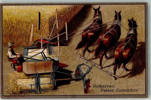 Werbung Vorkarren Mähmaschine Patent Cortembos Tiergespann Landwirtschaft Maschine Lithographie / Mondschein