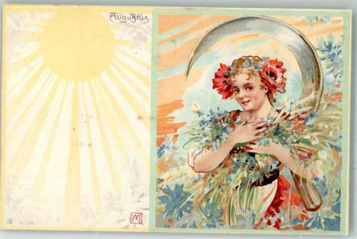 Jugendstil Ernte Blumen im Haar : Augustus Monat Lithographie / Künstlerkarte