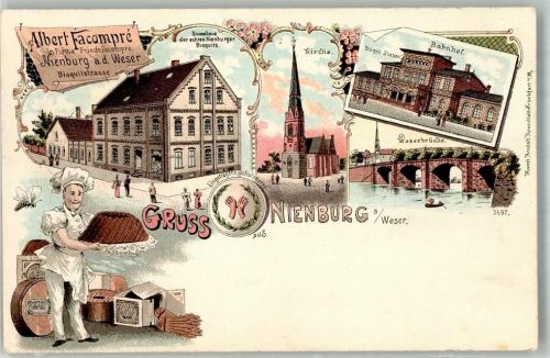31582 W3070 Nienburg Weser Lithographie Nienburger Bisquits Biquitstrasse Bäcker Bahnof Weserbrücke